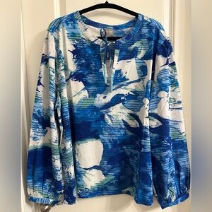 Chico’s Floral Long Sleeve Blouse Size 4 Scoop Neck Accents Tassel Pullover Blue